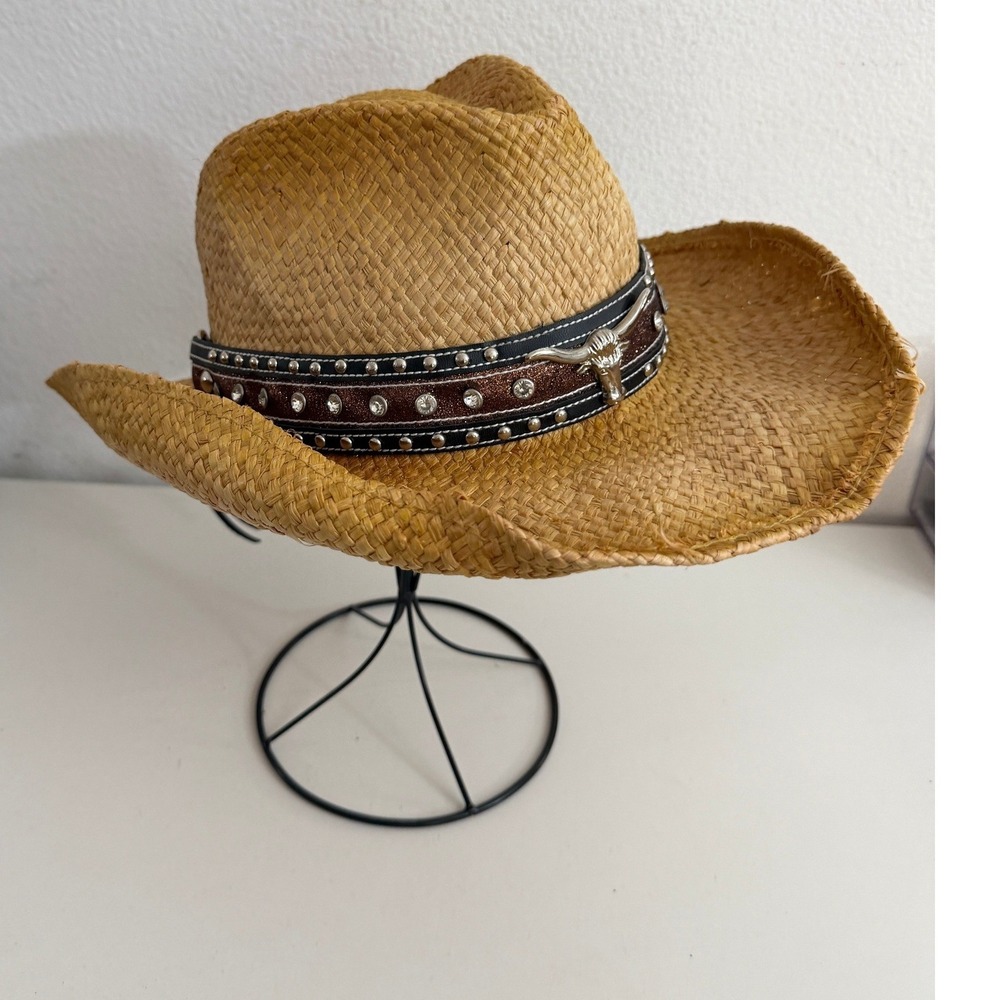Kenny K Natural Straw Cowboy Hat Studded Rhinestone Longhorn Bull Skull RM10D-N